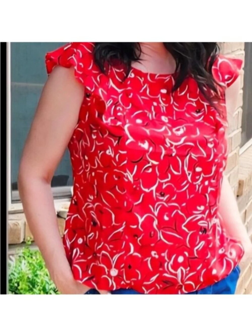 CABI Wink Top Flutter Sleeve in Retro Flower Red Black Sz M #6719 NWOT